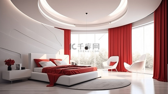 红白色现代背景图片_通过 3D 渲染创建的时尚红白卧室室内设计