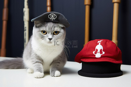 一只猫猫背景图片_一只灰猫站在桌子旁边，旁边有一顶红帽子
