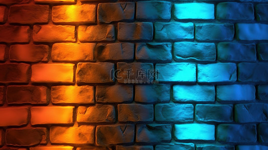 荧光蓝荧光背景图片_3D 砖图案背景的双色调照明