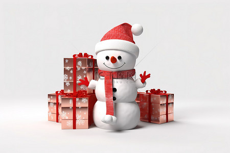 圣诞可爱背景图片_一个戴着圣诞帽的滑稽雪人在背景上拿着礼物