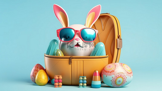 旅行插背景图片_兔子耳朵和太阳镜复活节彩蛋的 3d 渲染与旅行必需品