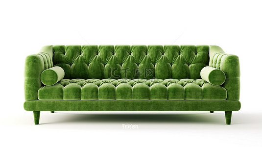 现代风格的 3D 渲染，在白色背景上隔离的前视图中美丽的绿色沙发