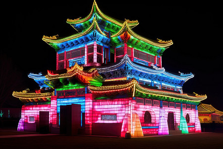 白天晚上背景图片_色彩缤纷的中国照明寺庙