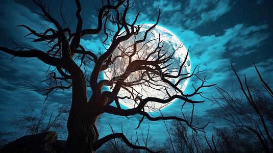 幽灵般的万圣节背景 3D 渲染满月树和蓝天