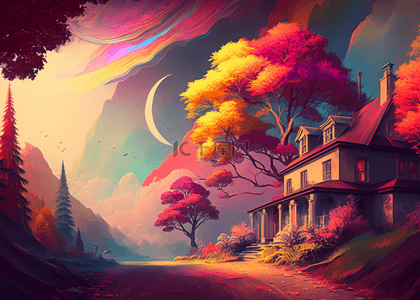 紫色梦幻树林背景图片_夜晚森林房子彩色梦幻背景
