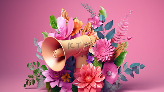 粉红色调的充满活力的花卉扩音器与郁郁葱葱的绿色树叶 3D 渲染插图