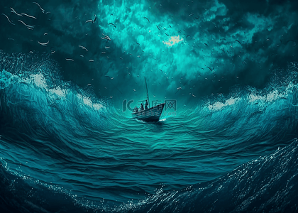 海浪船蓝色梦幻背景