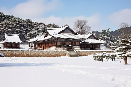 冬天雪景城堡背景图片_韩国庄园 汉城城堡 韩国