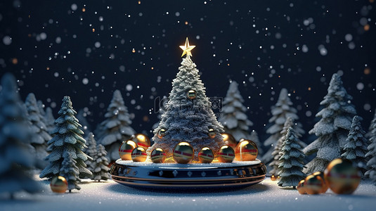 用雪和 3D 插图中的节日树庆祝圣诞快乐