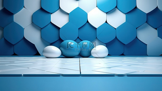 具有白色几何形状的蓝色工作室地板的 3D 渲染