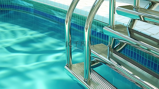 蓝色酒店背景图片_内部泳池 3D 渲染中镀铬游泳池梯子的特写
