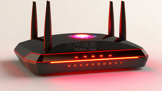 现代 wifi 路由器上带有发光红色信号箭头的白色背景的 3D 渲染