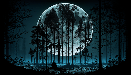 黑色卡通背景背景图片_月亮黑暗森林背景