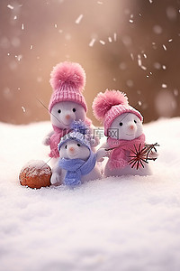 圣诞节背景图片_几个戴着手套手里拿着雪花的小雪人