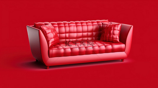 纯红色背景上的奇异红色单色沙发 3d 图标