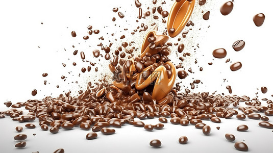 咖啡豆在白色背景上爆裂的 3d 渲染