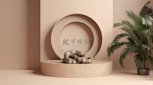 棕榈背景背景图片_米色方形讲台，带 3D 蛇皮印花和圆形棕榈框底座
