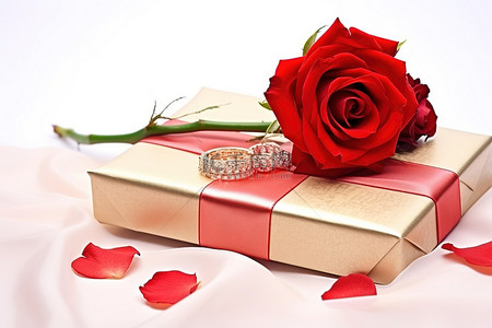 红玫瑰和白色背景上的礼物