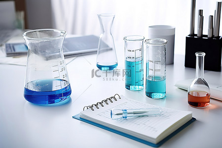 试管毒药背景图片_桌上有试管和烧杯的实验室笔记本