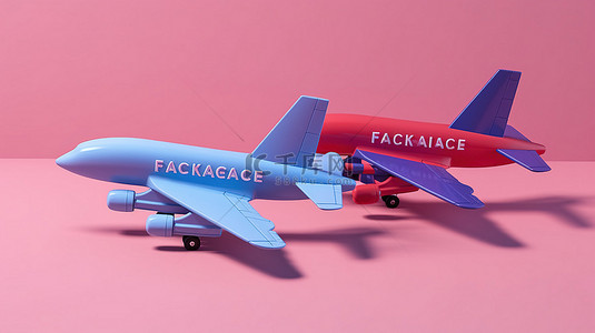 3D 渲染的飞机，在淡紫色背景事实或小说上带有蓝色和红色气泡