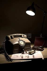 旧钟前桌子上的黑色公文包和电话