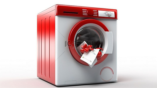 现代洗衣机上带有红丝带质量标志的白色背景的 3D 渲染