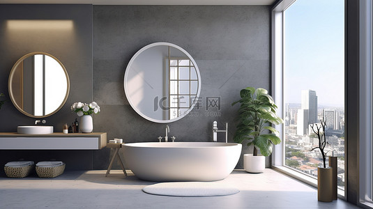 镜面地板背景图片_精致的酒店浴室配有光滑的灰色瓷砖墙壁圆形镜面原始白色浴缸和以令人惊叹的 3D 渲染的宽大窗户