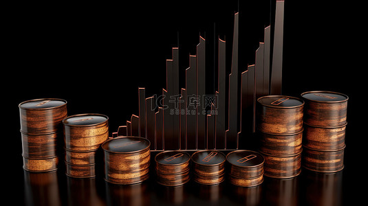 箭桶背景图片_3d 渲染中的条形图和桶用向上箭头显示油价上涨