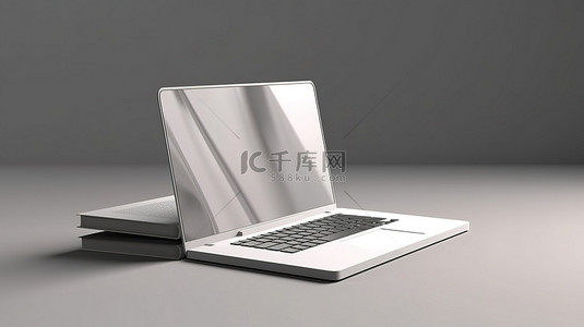 工作模板背景图片_具有语音背景和打开的白色笔记本电脑的 3d 渲染笔记本电脑模板模型
