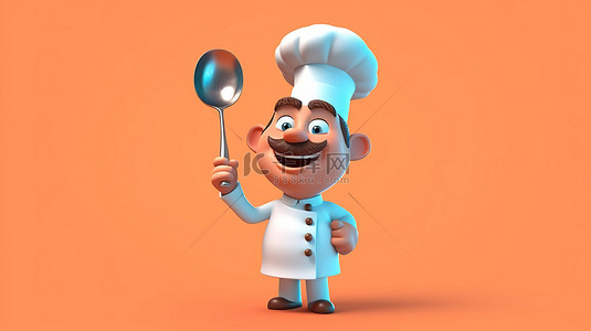 厨师卡通厨师背景图片_卡通厨师在 3D 插图中挥舞超大钢包