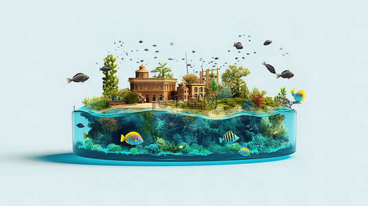 悬浮的水背景图片_3D 描绘的空灵海景与热带鱼和悬浮岛