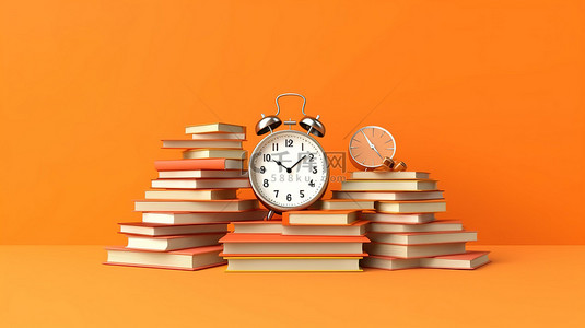 永恒的学习 3D 渲染书籍和时钟在充满活力的橙色背景