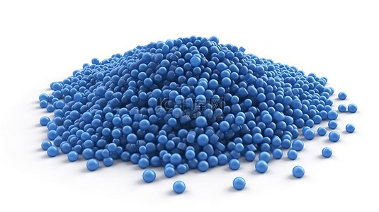 蓝色聚合物颗粒白色背景的 3d 插图