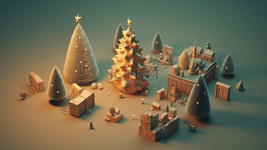 圣诞节或新年场景的等距 3D 渲染