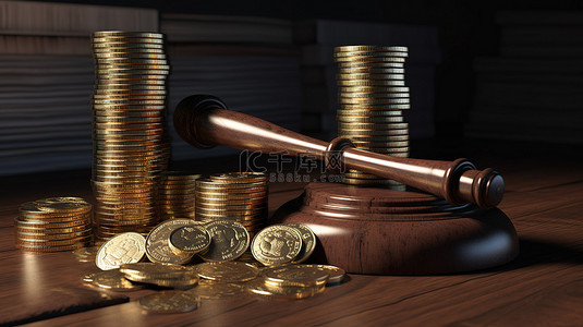 表彰决定背景图片_法官 3d 渲染中的硬币堆叠木槌
