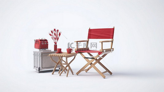 电影必需品红色导演椅拍板和电影卷轴的 3D 渲染在白色背景上与电影行业主题