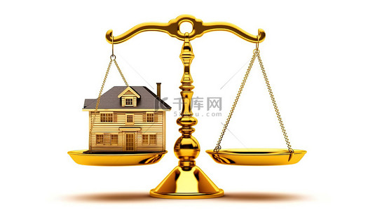 一个简单的秤的 3D 渲染，带有金色的房子和白色背景上平衡的美元符号