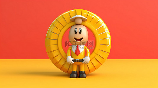 3D 渲染的人物吉祥物，黄色背景上带有救生圈，用于忠诚度计划金色奖金硬币