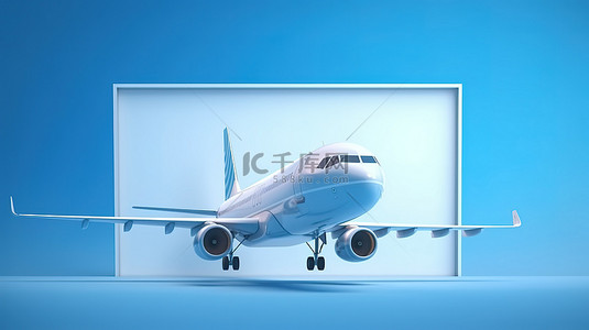 飞机纸飞机背景图片_空荡荡的房间里蓝色墙壁背景上飞机在天空中飞行的 3D 渲染