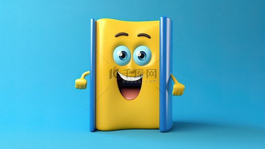 充值卡充值背景图片_充满活力的黄色背景 3D 渲染上的带电蓝皮书人物吉祥物