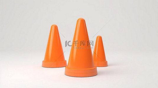 白色背景上橙色交通锥的 3D 渲染促进事故预防