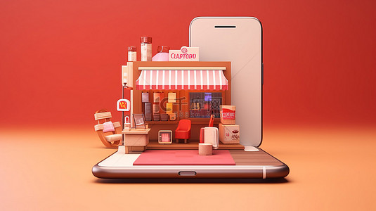 网上食堂背景图片_将您的智能手机转变为虚拟网店 3D 渲染