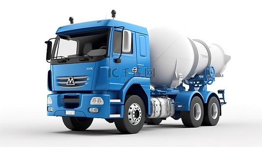 重型运输背景图片_白色背景上的三维蓝色混凝土搅拌车逼真的建筑设备插图