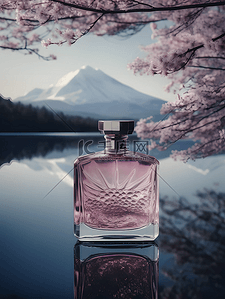 樱花摄影背景图片_樱花自然风景山脉湖面香水瓶摄影广告背景