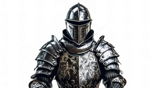 镌刻历史背景图片_中世纪骑士的盔甲套装，白色背景上配有剑 3D 渲染插图