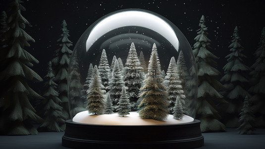 冬季的树背景图片_3D 雪球内的松树