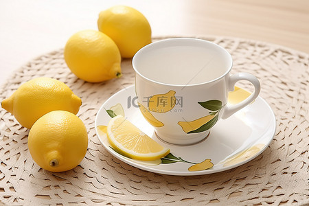 柠檬旁边的盘子里放着一杯茶