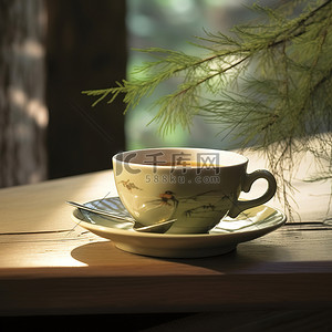 一杯绿茶背景图片_木桌上的一杯绿茶