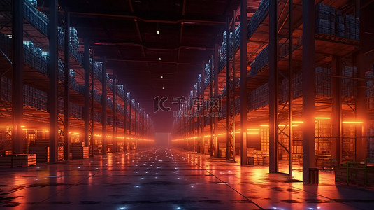 无人机在汽车仓库内的夜景 3D 渲染