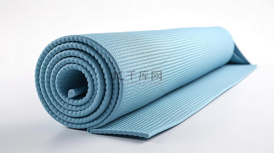 蓝色的瑜伽垫背景图片_白色背景展示了蓝色卷起瑜伽垫的 3D 渲染